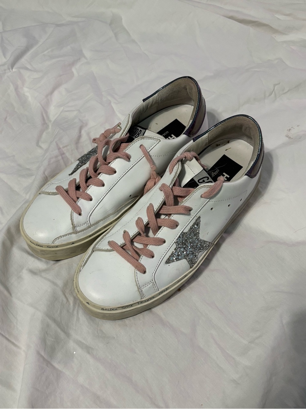 Golden Goose White Leather Sneakers with Pink Laces and Silver Glitter Star